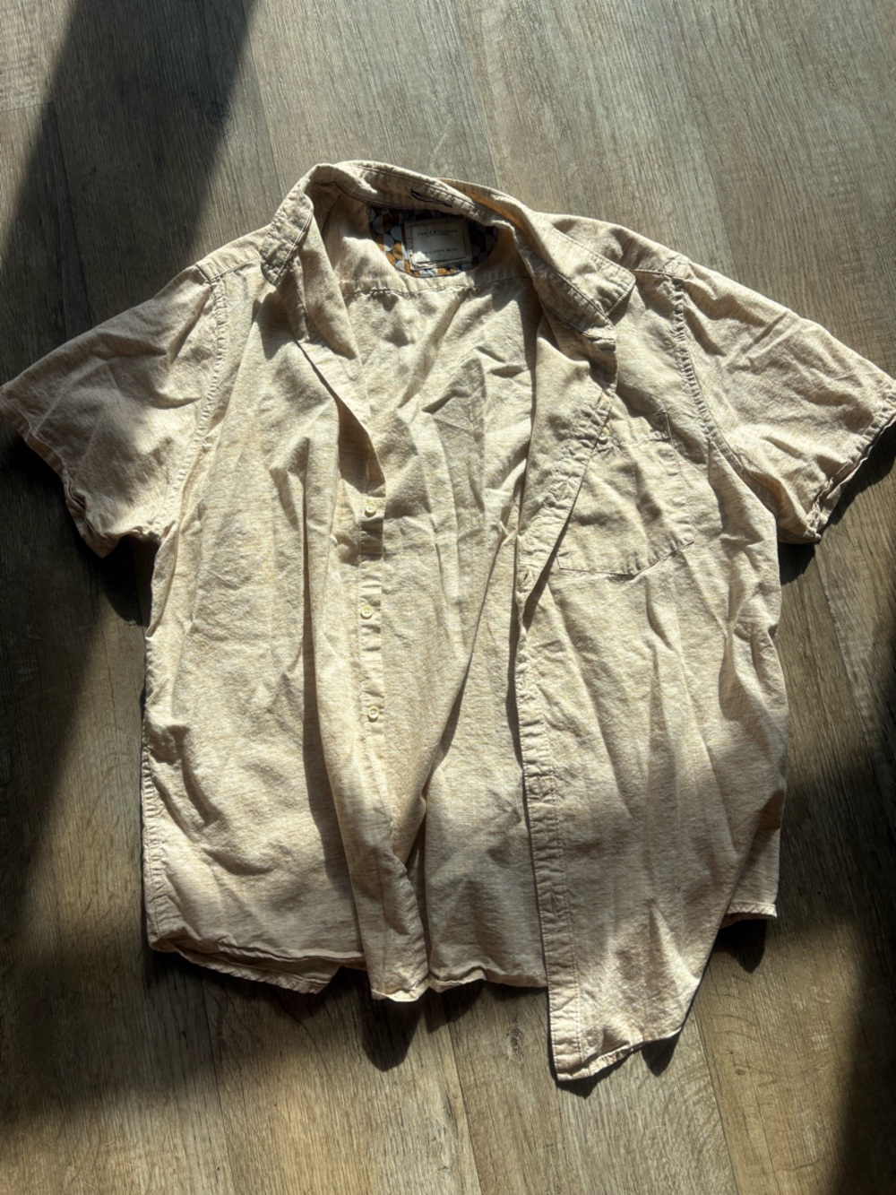 Denim & Flower Beige Button-Up Shirt with Patterned Trim